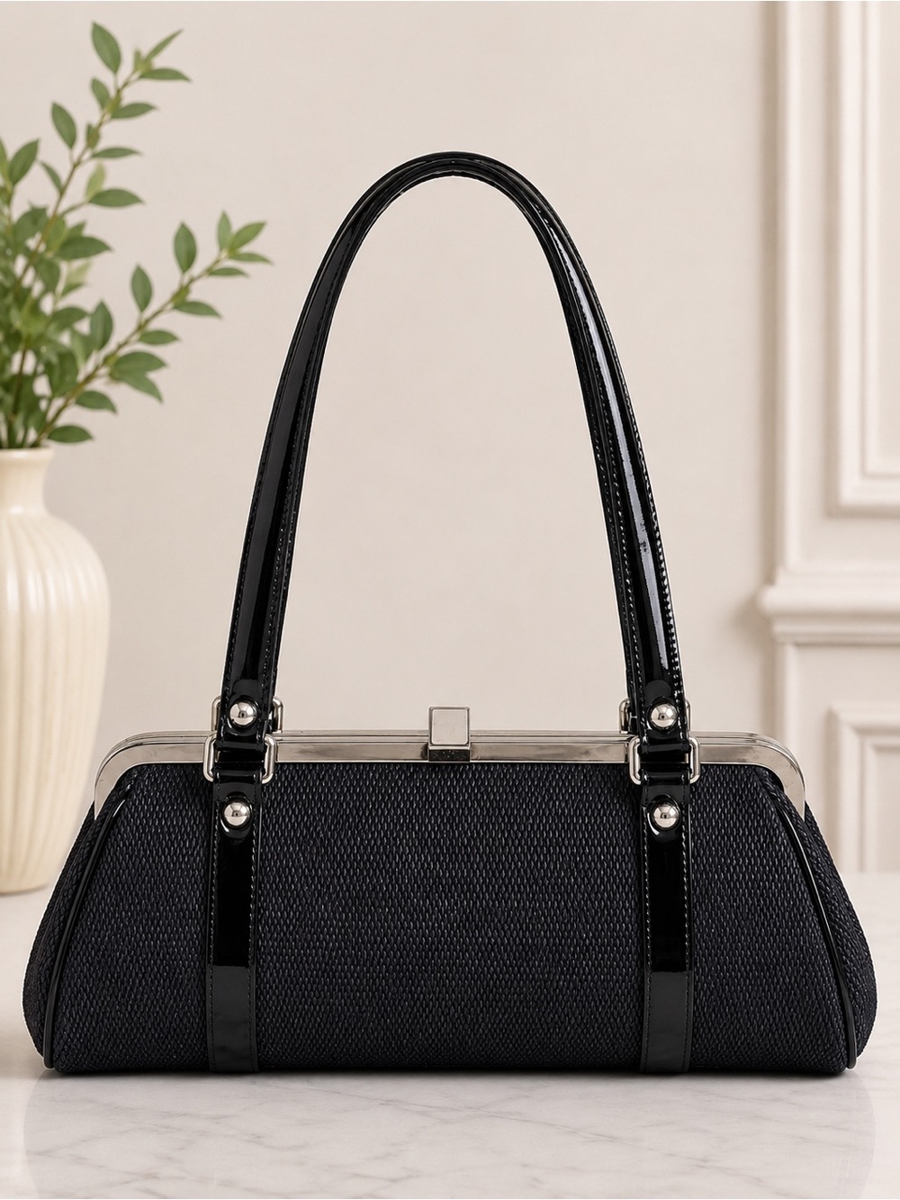 Walter Steiger Italy Black Woven Frame Satchel Shoulder Bag Patent Leather